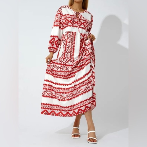 New Boho Ethic Geo Aztec Tribal Pattern Maxi Dress Loose Long Puff Sleeves Vneck - Picture 2 of 16